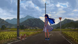 Rule 34 | 1girl, absurdres, bag, black hair, black ribbon, blue dress, blue eyes, blue footwear, blue hair, blue ribbon, blush, cevio, city lights, closed mouth, cloud, cloudy sky, colored inner hair, dress, expressionless, field, floating hair, futaba minato, gradient neck ribbon, hair ornament, hairclip, highres, holding, holding bag, holding leash, layered dress, leash, looking to the side, mountainous horizon, multicolored hair, outdoors, own hands together, pet walking, ribbon, road, road sign, scenery, shiba inu, shiyomifu, shoes, sign, single sidelock, sky, sleeveless, sleeveless dress, sneakers, solo, standing, stop sign, sundress, town, translation request, transmission tower, trowel, two-tone dress, utility pole, v arms, white dress, wide shot