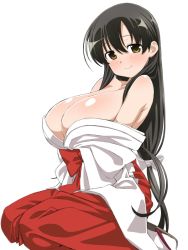 Rule 34 | 1girl, bare shoulders, blush, breasts, brown eyes, brown hair, cleavage, collarbone, hakama, iwato kasumi, japanese clothes, kimono, large breasts, loliconder, long hair, long sleeves, looking at viewer, low-tied long hair, miko, off shoulder, red hakama, saki (manga), simple background, smile, solo, white background, white kimono, wide sleeves