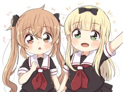 Rule 34 | 2girls, arm up, black bow, black serafuku, blonde hair, blush, blush stickers, bow, brown eyes, brown hair, green eyes, heterochromia, holding hands, kantai collection, long hair, looking at viewer, multiple girls, murasame (kancolle), open mouth, red eyes, ren kun, school uniform, serafuku, short sleeves, simple background, smile, straight hair, twintails, two side up, white background, aged down, yuudachi (kancolle)