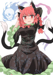 Rule 34 | 1girl, animal ears, arm behind head, black dress, black tail, bow, braid, breasts, cat ears, cat tail, chups, cowboy shot, dress, extra ears, fang, frilled dress, frilled sleeves, frills, hair bow, highres, hitodama, kaenbyou rin, long sleeves, looking at viewer, medium breasts, medium hair, multiple tails, neck ribbon, open mouth, own hands together, red eyes, red hair, red ribbon, ribbon, side braids, simple background, skull, smile, solo, standing, tail, touhou, twin braids, two tails, white background, wide sleeves