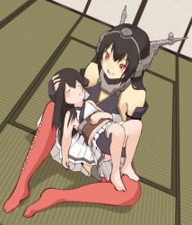Rule 34 | 10s, 2girls, :d, aged down, bad id, bad pixiv id, bare shoulders, black hair, character request, child, dutch angle, elbow gloves, closed eyes, fingerless gloves, fujibejifu, gloves, hairband, headgear, if they mated, kantai collection, long hair, multiple girls, nagato (kancolle), open mouth, personification, red eyes, red legwear, sitting, sleeping, smile, tatami, thighhighs