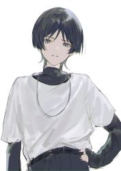 Rule 34 | 1boy, belt, black belt, black nails, black pants, black shirt, chain, chain necklace, contemporary, genshin impact, grey eyes, hand on own hip, highres, jewelry, layered sleeves, long sleeves, looking at viewer, male focus, nail polish, necklace, nokoru sora, pants, parted lips, scaramouche (genshin impact), shirt, shirt tucked in, shirt under shirt, short over long sleeves, short sleeves, simple background, sleeves past wrists, solo, turtleneck, upper body, white background, white shirt