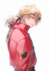 Rule 34 | 1boy, bad id, bad twitter id, blonde hair, closed mouth, fake horns, genshin impact, green eyes, hair between eyes, hand in own hair, headband, highres, horned headwear, horns, jacket, looking at viewer, male focus, ponytail, red jacket, simple background, solo, thoma (genshin impact), umenoume, upper body, white background