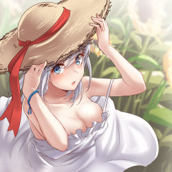 Rule 34 | 1girl, absurdres, blue eyes, blurry, bracelet, breasts, cleavage, depth of field, dress, frilled dress, frills, hat, highres, holding, holding clothes, holding hat, jewelry, kantai collection, kiritto, long hair, medium breasts, one side up, silver hair, solo, straw hat, sun hat, sundress, suzutsuki (kancolle), upper body, white dress