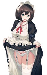 Rule 34 | 1girl, 40hara, apron, aqua eyes, arm strap, black dress, black hair, black thighhighs, bow, bow panties, breasts, clothes lift, cowboy shot, dress, dress lift, frilled apron, frills, garter belt, garter straps, highres, iya na kao sare nagara opantsu misete moraitai, juliet sleeves, large breasts, lifting own clothes, long sleeves, looking at viewer, maid, maid headdress, neck ribbon, open mouth, original, panties, puffy sleeves, red bow, red ribbon, ribbon, scowl, short hair, simple background, solo, teeth, thighhighs, thighs, underwear, upper teeth only, upskirt, v-shaped eyebrows, white apron, white background, white panties
