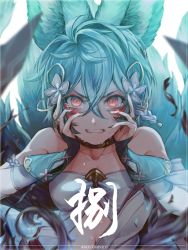 Rule 34 | animal ears, backless outfit, bandages, bandaged arm, bandages, blue hair, crying, crying with eyes open, erune, fox ears, fox girl, granblue fantasy, hands on own cheeks, hands on own face, looking at viewer, monicanc, nail polish, off shoulder, tears, you (granblue fantasy)