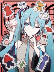 Rule 34 | 1girl, bamboo, blue eyes, blue hair, chinese clothes, collared shirt, commentary, detached sleeves, food, fruit, hair ornament, hand fan, hand on own chin, hatsune miku, highres, holding, holding hair ornament, kotoko0, long hair, long sleeves, looking to the side, necktie, one eye closed, panda, paper fan, peach, shirt, sleeveless, sleeveless shirt, solo, twintails, vocaloid, wide sleeves