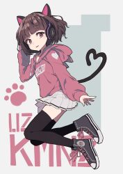 Rule 34 | 1girl, animal ear headphones, animal ears, black footwear, black thighhighs, blunt bangs, brown hair, cat ear headphones, cat tail, character name, commentary, drawstring, english commentary, fake animal ears, floating, full body, grey background, hand up, headphones, heart, heart tail, highres, hood, hood down, hoodie, kmnz, long sleeves, looking at viewer, mc liz, open mouth, pink hoodie, pleated skirt, shoes, short hair, skirt, smile, sneakers, solo, streetwear, tail, thighhighs, toake mikage, virtual youtuber, white skirt