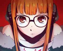 Rule 34 | 1girl, :3, behind-the-head headphones, black camisole, blunt bangs, camisole, close-up, closed mouth, collarbone, fur-trimmed jacket, fur trim, glasses, green jacket, headphones, highres, jacket, kukie-nyan, looking at viewer, orange hair, persona, persona 5, portrait, red eyes, sakura futaba, solo, straight hair