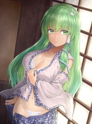 Rule 34 | 1girl, bare shoulders, bra, breasts, cleavage, clothes pull, collarbone, commentary request, commission, cowboy shot, detached sleeves, dutch angle, frog hair ornament, green eyes, green hair, hair ornament, hair tubes, indoors, kochiya sanae, large breasts, light particles, long hair, long sleeves, looking at viewer, navel, panties, parted lips, polka dot, shirt, skeb commission, skirt, skirt pull, snake hair ornament, solo, touhou, underwear, very long hair, white bra, white panties, white shirt, wide sleeves, window, y2