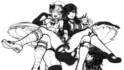 Rule 34 | 3girls, bow, breasts, cat tail, competition swimsuit, cup, elbow gloves, frederica bernkastel, frills, from below, furudo erika, gloves, holding hands, hat, highres, human chair, human furniture, interlocked fingers, lambdadelta, long hair, looking at viewer, monochrome, multiple girls, one-piece swimsuit, open mouth, puffy short sleeves, puffy sleeves, short hair, short sleeves, sitting, sitting on person, small breasts, smile, sweat, swimsuit, tail, teacup, the golden smurf, thighs, trembling, umineko no naku koro ni