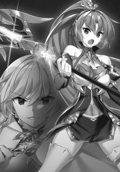 Rule 34 | 2girls, :o, black sleeves, collarbone, covered navel, detached sleeves, eleonora viltaria, floating hair, greyscale, grin, hair between eyes, high ponytail, highres, holding, holding sword, holding weapon, long hair, long sleeves, ludmila lourie, madan no ou to michelia, madan no ou to vanadis, miniskirt, miyatsuki itsuka, monochrome, multiple girls, novel illustration, official art, side slit, skirt, smile, standing, sword, thighhighs, v-shaped eyebrows, very long hair, weapon, zettai ryouiki