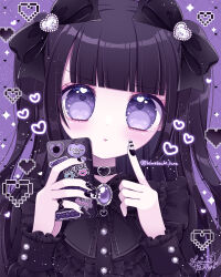 Rule 34 | 1girl, :t, black bow, black choker, black dress, black hair, blush, bow, cellphone, choker, closed mouth, commentary request, dress, frilled dress, frills, hair bow, hair ornament, hands up, heart, heart hair ornament, heart in eye, highres, himetsuki luna, holding, holding phone, long hair, long sleeves, looking at viewer, nail art, nail polish, original, phone, pixelated, puffy long sleeves, puffy sleeves, purple background, purple eyes, simple background, solo, symbol in eye, two side up, upper body