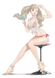 Rule 34 | 1girl, atlus, bar stool, bikini, bikini under clothes, blonde hair, breasts, commentary, commission, food, full body, happy, high heels, highres, j@ck, legs, long hair, long legs, medium breasts, one eye closed, panties, persona, persona 5, popsicle, sandals, see-through, sega, shirt, side-tie bikini bottom, side-tie panties, simple background, solo, stool, swimsuit, swimsuit under clothes, takamaki anne, toes, twintails, underwear, wet, wet clothes, wet shirt