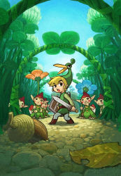 Rule 34 | absurdres, acorn, blonde hair, covering own mouth, elf, ezlo, foreshortening, highres, holding, holding sword, holding weapon, link, mini person, miniboy, nintendo, official art, pointy ears, shield, surprised, sword, teeth, the legend of zelda, the legend of zelda: the minish cap, upper teeth only, weapon