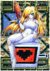 Rule 34 | 1girl, ahoge, blonde hair, blue eyes, blush, breasts, closed mouth, collarbone, colored skin, commission, completely nude, curly brace, doukutsu monogatari, emperpep, gun, highres, holding, holding gun, holding weapon, humanoid robot, large breasts, long hair, looking at viewer, navel, nude, one eye closed, painting (medium), robot, shiny skin, sitting, smile, solo, traditional media, watercolor (medium), weapon, white skin