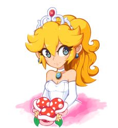 Rule 34 | 1girl, blonde hair, blue eyes, bouquet, brooch, choker, collarbone, commentary, crown, dress, earrings, elbow gloves, eyes visible through hair, flower, gloves, jewelry, long hair, looking to the side, mario (series), nintendo, piranha plant, ponytail, princess peach, princess peach (wedding), solo, strapless, strapless dress, super mario odyssey, tiara, transparent background, upper body, veil, wedding dress, white dress, white gloves