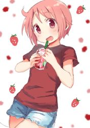 Rule 34 | 1girl, :d, blush, bob cut, cowboy shot, cup, denim, denim shorts, disposable cup, drinking straw, food, frappuccino, fruit, happy, head tilt, holding, holding cup, looking at viewer, nonohara yuzuko, open mouth, pink eyes, pink hair, red shirt, shirt, short hair, shorts, sidelocks, simple background, sketch, smile, solo, strawberry, tatsunokosso, white background, yuyushiki