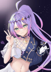Rule 34 | 1girl, 774norango, absurdres, asymmetrical sleeves, black background, black collar, black nails, blush, bracelet, chain, chain earrings, collar, demon tail, garter straps, gloves, gradient hair, green eyes, hair ornament, half-skirt, highres, holding, holding microphone, hololive, jewelry, long hair, looking at viewer, microphone, mika pikazo (style), multicolored hair, nail polish, navel, navel piercing, official alternate costume, piercing, pink hair, ponytail, purple hair, shorts, single glove, smile, solo, star (symbol), streaked hair, tail, tokoyami towa, tokoyami towa (break your xxx), uneven sleeves, v, virtual youtuber, white gloves