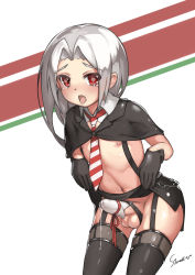 Rule 34 | 1boy, artist name, black gloves, black skirt, black thighhighs, blush, bow, capelet, chain, clothes lift, contrapposto, crossdressing, cum, cumdrip, diagonal stripes, dripping, erection, garter straps, gloves, hair intakes, heart, heart-shaped pupils, highres, leaning forward, looking at viewer, male focus, microskirt, necktie, nipples, no male underwear, no panties, open mouth, penis, precum, red eyes, signature, skirt, skirt lift, solo, standing, stmast, striped background, striped necktie, striped neckwear, suspenders, symbol-shaped pupils, tears, testicles, thighhighs, tongue, tongue out, trap, vittorio veneto (warship girls r), warship girls r, white background, white hair, wing collar
