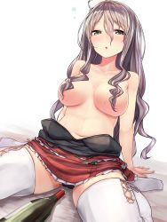 Rule 34 | 10s, 1girl, absurdres, alcohol, arm support, arms at sides, baffu, black panties, blush, bottle, breasts, brown eyes, brown hair, censored nipples, collarbone, convenient censoring, drunk, grey hair, hair between eyes, hair censor, hat, highres, kantai collection, large breasts, long hair, looking at viewer, mini hat, navel, no bra, open mouth, panties, panty peek, pantyshot, pola (kancolle), red skirt, ribbon, simple background, sitting, skirt, solo, sweat, sweatdrop, thighhighs, top pull, topless, underwear, wariza, wavy hair, white background, white ribbon, white thighhighs, wine bottle