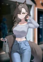 Rule 34 | 1girl, animal ears, arknights, bag, blurry, blurry background, breasts, brown hair, casual, cellphone, cowboy shot, denim, extra ears, grey shirt, hair behind ear, hair over shoulder, handbag, highres, holding, holding clothes, holding jacket, holding phone, jacket, jeans, large breasts, long hair, looking at viewer, low-tied long hair, maanu, midriff, mole above eye, navel, pants, penance (arknights), phone, shirt, smartphone, solo, tail, window, wolf ears, wolf girl, wolf tail, yellow eyes