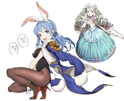 10s 2girls :o animal_ears aqua_hair bad_id bad_twitter_id braid breasts cleavage de_la_fille dress drill_hair fake_animal_ears from_side gloves gradient_hair granblue_fantasy green_hair high_heels jacket jacket_on_shoulders mikurou_(nayuta) multicolored_hair multiple_girls pantyhose playboy_bunny rabbit_ears red_hair therese_(granblue_fantasy) twintails