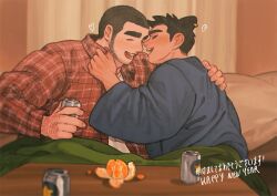 Rule 34 | 2boys, :d, alcohol, animal ears, bara, beer, buzz cut, chinstrap beard, closed eyes, dark-skinned male, dark skin, dog boy, dog ears, dog tail, drinking, drunk, earrings, facial hair, food, fruit, hand on another&#039;s back, happy, happy new year, heart, highres, imminent kiss, indoors, inuyama masato (shan), jewelry, kumano daigo (shan), male focus, mature male, multiple boys, muscular, muscular male, new year, open mouth, orange (fruit), original, pectorals, profile, shan (shanshankuo), short hair, sideburns, smile, tail, thick eyebrows, under covers, upper body, very short hair, yaoi