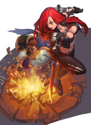 Rule 34 | 1boy, 1girl, absurdres, armor, bad id, bad pixiv id, belt, black gloves, black pants, bracelet, breasts, buckle, cleavage, dagger, dual wielding, garen (league of legends), gloves, highres, holding, jewelry, jumping, katarina (league of legends), knife, league of legends, leg belt, long hair, looking at another, looking back, midriff, navel, necklace, pants, penett, popped collar, red hair, rock, scar, scar across eye, scar on face, skin tight, spiked bracelet, spikes, sword, vambraces, weapon
