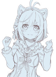 Rule 34 | .live, 1girl, :3, absurdres, animal ears, antenna hair, blue theme, blush, breasts, cat ears, closed mouth, dress, flower, hair between eyes, hair flower, hair ornament, hands up, highres, keiran (ryo170), long sleeves, looking at viewer, medium breasts, monochrome, rose, simple background, dennou shoujo siro, sleeves past wrists, solo, virtual youtuber, white background
