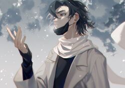 Rule 34 | 1boy, black eyes, black hair, black mask, black shirt, cheng xiaoshi, chinese commentary, chromatic aberration, cloud, coat, commentary, hair between eyes, hand up, highres, layered sleeves, long sleeves, male focus, mask, mouth mask, parted lips, scarf, shiguang dailiren, shirt, short hair, snowing, solo, upper body, white coat, white scarf, ya kexi