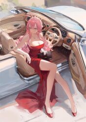 Rule 34 | 1girl, aru (blue archive), aru (dress) (blue archive), blue archive, breasts, car, cleavage, closed mouth, demon horns, dress, halo, highres, horns, jewelry, large breasts, long hair, meinoss, motor vehicle, necklace, official alternate costume, pink hair, pink halo, red dress, smile, solo, strapless, strapless dress, yellow eyes