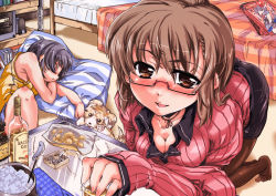 Rule 34 | 2girls, alcohol, breasts, cigarette, cleavage, dog, drunk, glasses, multiple girls, pantyhose, pillow, short hair, sleeping, zin arima