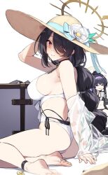 Rule 34 | 2girls, 92m, ass, barefoot, bikini, black bikini, black hair, blue archive, braid, braided ponytail, breasts, closed mouth, eyes visible through hair, flower, flower hat, hair over one eye, hairband, halo, highres, hinata (blue archive), hinata (swimsuit) (blue archive), large breasts, looking at viewer, multiple girls, official alternate costume, one-piece swimsuit, purple hairband, red eyes, simple background, sitting, smile, soles, swimsuit, toenails, toes, ui (blue archive), ui (swimsuit) (blue archive), white background, white flower, white one-piece swimsuit