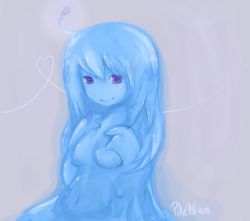 Rule 34 | 1girl, antennae, atapi, blue hair, blue skin, blush, breasts, colored skin, female focus, gradient background, heart, looking at viewer, monster girl, omitted bits, purple eyes, signature, slime girl, smile, solo