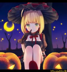 Rule 34 | 10s, 1girl, ahoge, black gloves, blush, closed mouth, crescent moon, fate/extra, fate (series), finger to mouth, frills, gloves, halloween, hand up, hat, jack-o&#039;-lantern, legs together, letterboxed, looking at viewer, moon, munuko, nero claudius (fate), nero claudius (fate) (all), nero claudius (fate/extra), night, outdoors, puffy short sleeves, puffy sleeves, short hair with long locks, short sleeves, sidelocks, sitting, smile, solo, witch hat