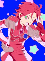 Rule 34 | 10s, 1boy, blue background, fang, fingerless gloves, gem, gloves, green eyes, hand on own hip, highres, idol time pripara, limited palette, male focus, mitaka asahi, nittama, pretty series, pripara, red hair, simple background, smile, solo