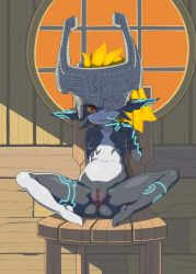 Rule 34 | 1girl, breasts, censored, chair, colored sclera, full body, gluteal fold, helmet, highres, long hair, midna, mosaic censoring, navel, nintendo, nipples, one eye covered, orange hair, pointy ears, pussy, red eyes, revision, sitting, small breasts, smile, solo, spread legs, tenako (mugu77), the legend of zelda, the legend of zelda: twilight princess, v, yellow sclera