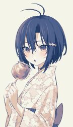Rule 34 | 1girl, :o, absurdres, antenna hair, black hair, blush, breasts, candy apple, commentary, floral print, food, from side, hair between eyes, hair ornament, hairclip, highres, holding, holding food, idolmaster, idolmaster (classic), japanese clothes, kikuchi makoto, kimono, long bangs, long sleeves, looking at viewer, looking to the side, monochrome, obi, open mouth, sash, sepia, short hair, simple background, small breasts, solo, turning head, upper body, very short hair, vickyycy99, wide sleeves, yellow background, yukata