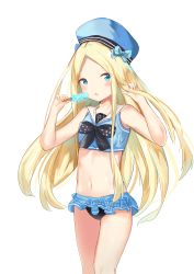 Rule 34 | 1girl, :o, abigail williams (fate), absurdres, bare arms, bare shoulders, beret, bikini, bikini bottom only, bikini skirt, black bikini, black bow, blonde hair, blue bow, blue eyes, blue hat, blue shirt, blush, bow, collarbone, commentary request, fate/grand order, fate (series), fingernails, food, forehead, hands up, hat, hat bow, highres, holding, holding food, long hair, looking at viewer, navel, parted bangs, parted lips, popsicle, sailor collar, school uniform, serafuku, shirt, simple background, sleeveless, sleeveless shirt, solo, swimsuit, very long hair, white background, white sailor collar, yukaa