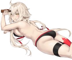 Rule 34 | 1girl, ahoge, ass, bikini, black bikini, blush, bottle, breasts, fate (series), hair between eyes, holding, holding bottle, itohana, jeanne d&#039;arc alter (swimsuit berserker) (fate), jeanne d&#039;arc (fate), jeanne d&#039;arc alter (fate), jeanne d&#039;arc alter (swimsuit berserker) (fate), large breasts, long hair, looking at viewer, lotion, lying, on stomach, parted lips, red thighhighs, seductive smile, silver hair, simple background, single thighhigh, skindentation, smile, solo, swimsuit, the pose, thigh strap, thighhighs, topless, untied bikini, very long hair, white background, yellow eyes