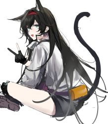 Rule 34 | 1girl, :d, animal ears, arknights, black footwear, black gloves, black hair, black shorts, blaze (arknights), blue eyes, cat ears, cat girl, cat tail, extra ears, fang, from behind, gloves, hair between eyes, hairband, hand up, highres, joshua (shisanli934), knee pads, looking at viewer, looking back, open mouth, partially fingerless gloves, red hairband, shirt, shorts, simple background, skin fang, smile, solo, tail, tail raised, w, white background, white shirt