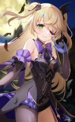 Rule 34 | 1girl, bare shoulders, black gloves, black thighhighs, blonde hair, blush, bodystocking, bow, breasts, elbow gloves, eyepatch, feathers, fischl (genshin impact), full moon, garter straps, genshin impact, gloves, green eyes, hair over one eye, highres, long hair, looking at viewer, medium breasts, moon, night, night sky, purple bow, single leg pantyhose, single thighhigh, sky, smile, solo, thighhighs, thighs, two side up, tyenka7728