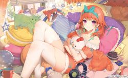 Rule 34 | 1girl, akizone, animal, bare shoulders, blush, bow, breasts, cat, collarbone, cup, hugging doll, earrings, frilled pillow, frills, green bow, green cat, hair bow, hair ornament, hololive, hololive english, indoors, jewelry, long hair, lying, multicolored hair, hugging object, on back, orange hair, phone, pillow, puffy short sleeves, puffy sleeves, short sleeves, smile, solo, star (symbol), star print, takanashi kiara, thighhighs, virtual youtuber, white thighhighs, window