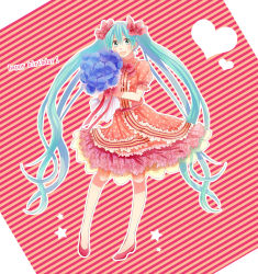 Rule 34 | 1girl, aqua eyes, aqua hair, bad id, bad pixiv id, blue flower, blue rose, bouquet, bow, dress, flower, hair bow, happy birthday, hatsune miku, heart, irono (irtyu), long hair, open mouth, pigeon-toed, rose, smile, solo, star (symbol), twintails, very long hair, vocaloid