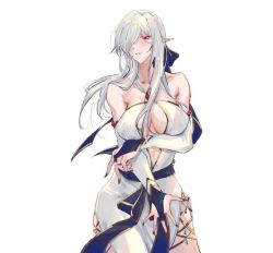 Rule 34 | 1girl, arknights, bare shoulders, blue ribbon, breasts, bridal gauntlets, cleavage, collarbone, commentary, detached sleeves, dress, gladiia (arknights), grey hair, hair over one eye, hair ribbon, long hair, mirrorwu, off-shoulder dress, off shoulder, one eye covered, pointy ears, red eyes, ribbon, simple background, solo, white background, white dress