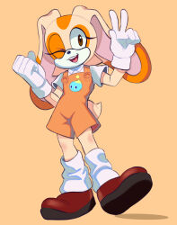 Rule 34 | 1girl, absurdres, alternate costume, brown footwear, clenched hand, collared shirt, cream the rabbit, full body, furry, furry female, gloves, highres, looking at viewer, one eye closed, open mouth, orange background, orange overalls, overalls, rokkerth, shirt, shoes, short sleeves, simple background, socks, solo, sonic (series), teeth, upper teeth only, v, white gloves, white shirt, white socks