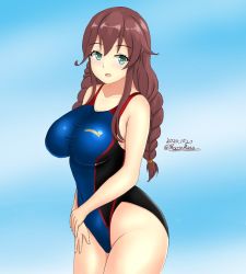 Rule 34 | 1girl, black one-piece swimsuit, blue sky, blue one-piece swimsuit, braid, breasts, brown hair, cloud, cloudy sky, collarbone, competition swimsuit, cowboy shot, dated, green eyes, kantai collection, large breasts, looking at viewer, montemasa, noshiro (kancolle), one-hour drawing challenge, one-piece swimsuit, open mouth, outdoors, sky, smile, solo, swimsuit, twin braids, twitter username