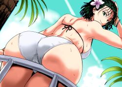 1girl ass bare_shoulders bikini blue_sky bob_cut breasts cloud colorized daraz female_focus flower from_below fubuki_(one-punch_man) green_eyes green_hair hair_flower hair_ornament halterneck huge_ass large_breasts looking_at_viewer looking_back matching_hair/eyes one-punch_man outdoors sky solo swimsuit tree white_bikini