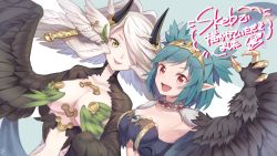 Rule 34 | 2girls, black feathers, black wings, botamochi (exwelder), breasts, choker, claws, cleavage, collarbone, commentary request, commission, crossover, elil (granblue fantasy), fang, feather hair, feathers, granblue fantasy, green eyes, green feathers, green hair, hair intakes, hair over one eye, harpy, head wings, horns, indie virtual youtuber, large breasts, lincoro, looking at viewer, medium hair, monster girl, multiple girls, open mouth, pointy ears, red eyes, short hair, short twintails, skeb commission, small breasts, tiara, translation request, twintails, underboob, virtual youtuber, white hair, winged arms, wings